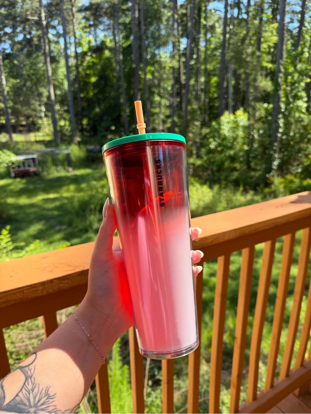 Starbucks Pink Ombre Tumbler with Green Lid and Yellow Straw
